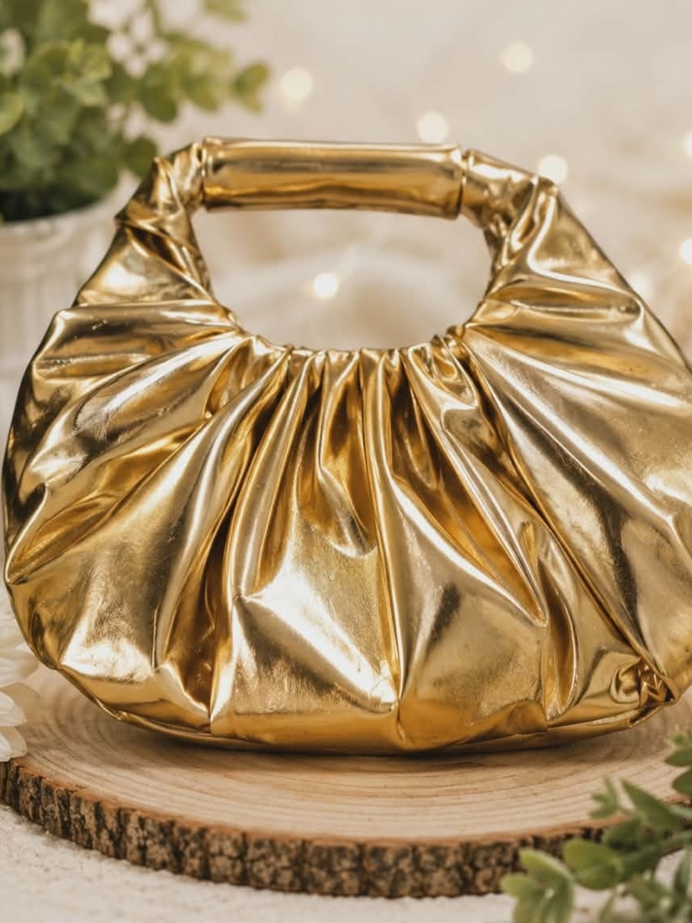 Gold Metallic Gathered Handle Women's Bag